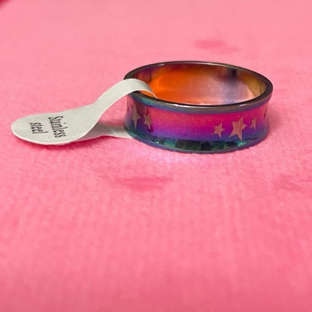 NEW Women's Ring Metallic Rainbow With Stars Stainless Steel Size 9.5
